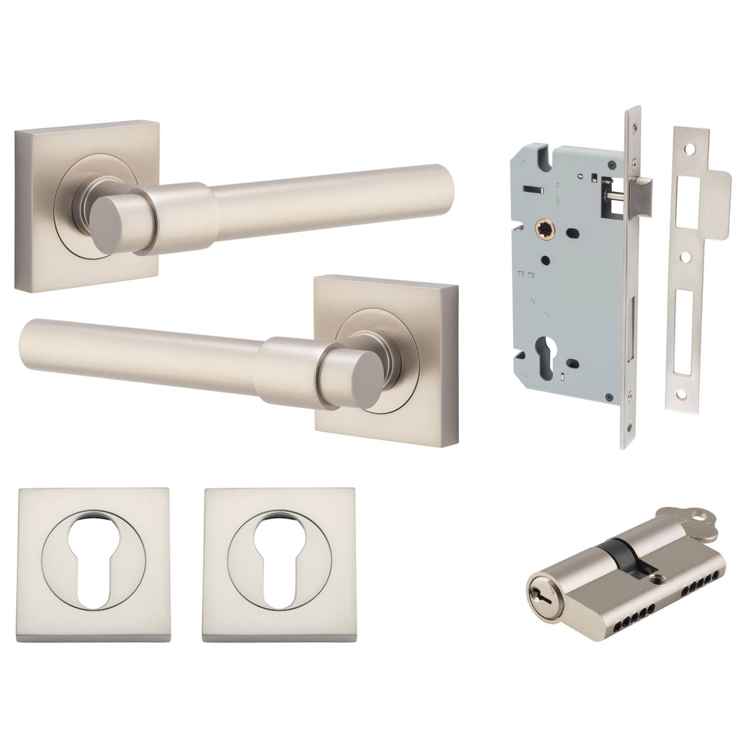 Helsinki Lever Square Rose Entrance Kit w Separate High Security Lock Satin Nickel