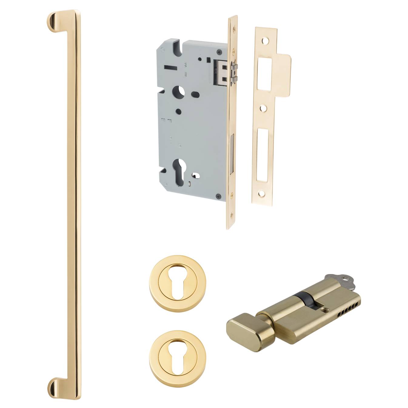 Baltimore Pull Handle 600mm Entrance Kit w Separate High Security Lock Polished Brass