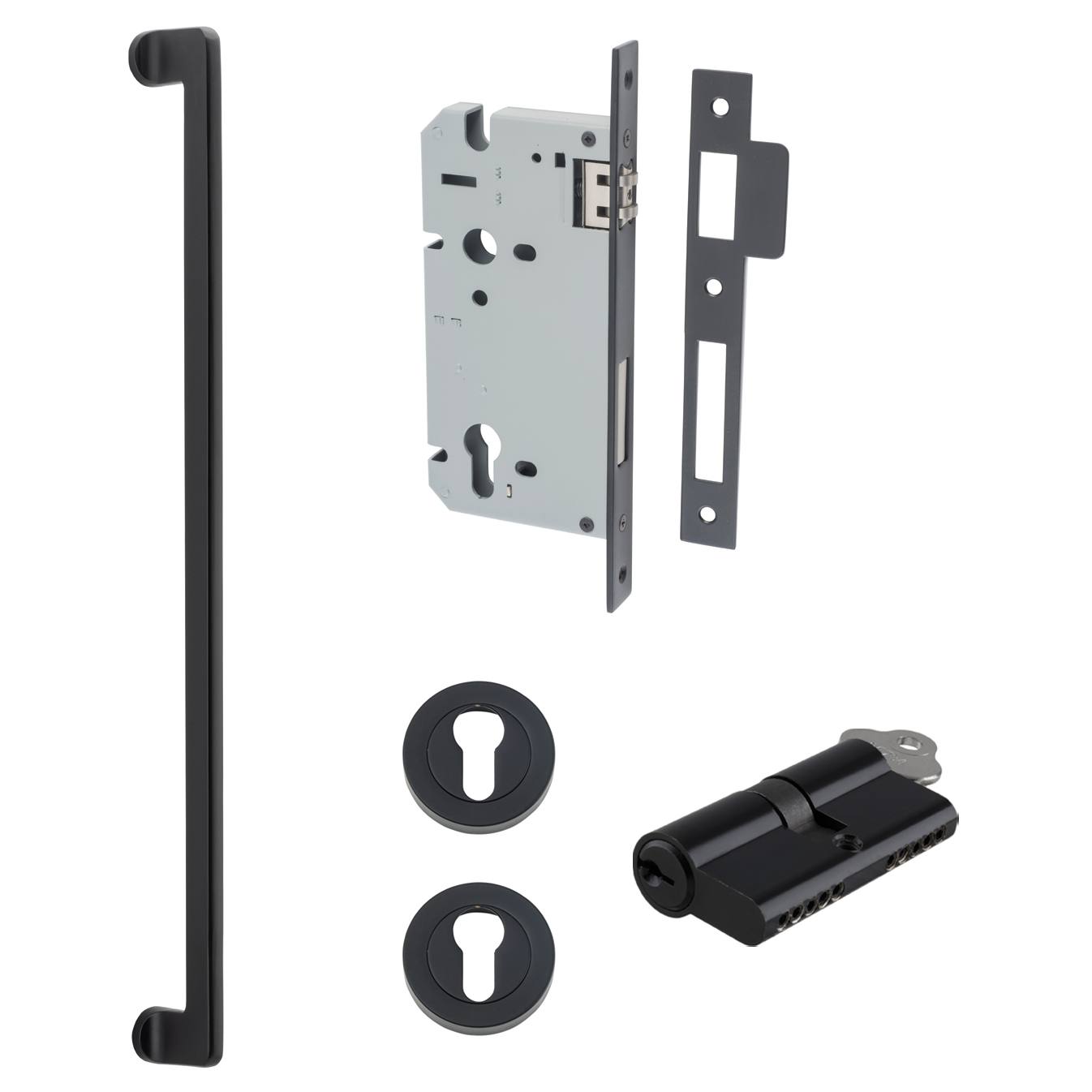 Baltimore Pull Handle 600mm Entrance Kit w Separate High Security Lock Matt Black