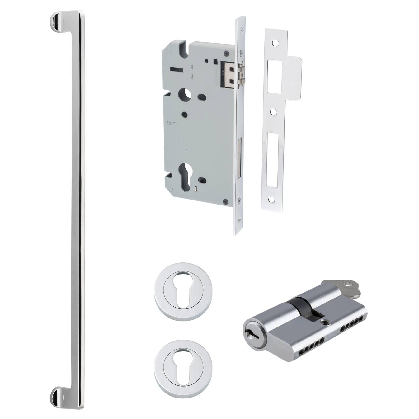 Baltimore Pull Handle 600mm Entrance Kit w Separate High Security Lock Polished Chrome