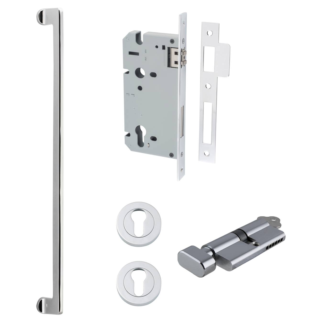 Baltimore Pull Handle 600mm Entrance Kit w Separate High Security Lock Polished Chrome