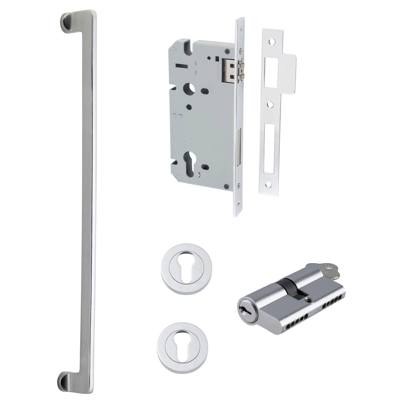 Baltimore Pull Handle 600mm Entrance Kit w Separate High Security Lock Brushed Chrome