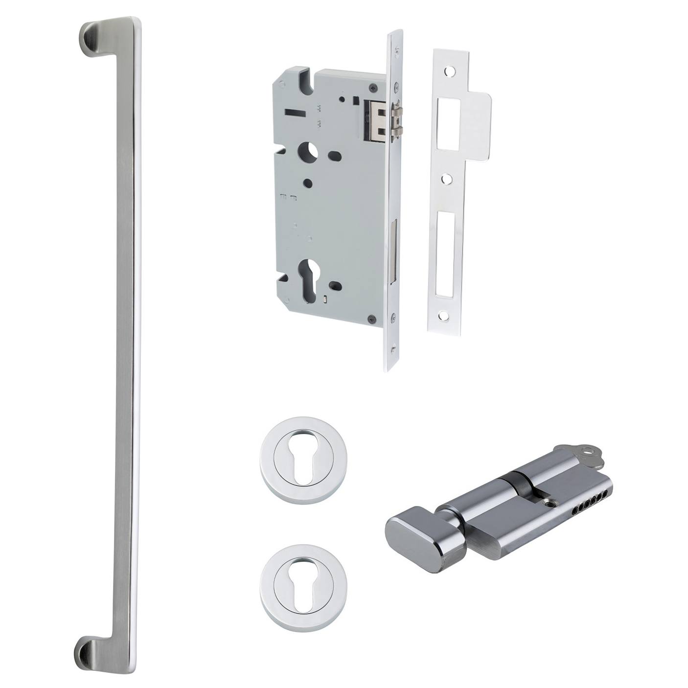 Baltimore Pull Handle 600mm Entrance Kit w Separate High Security Lock Brushed Chrome