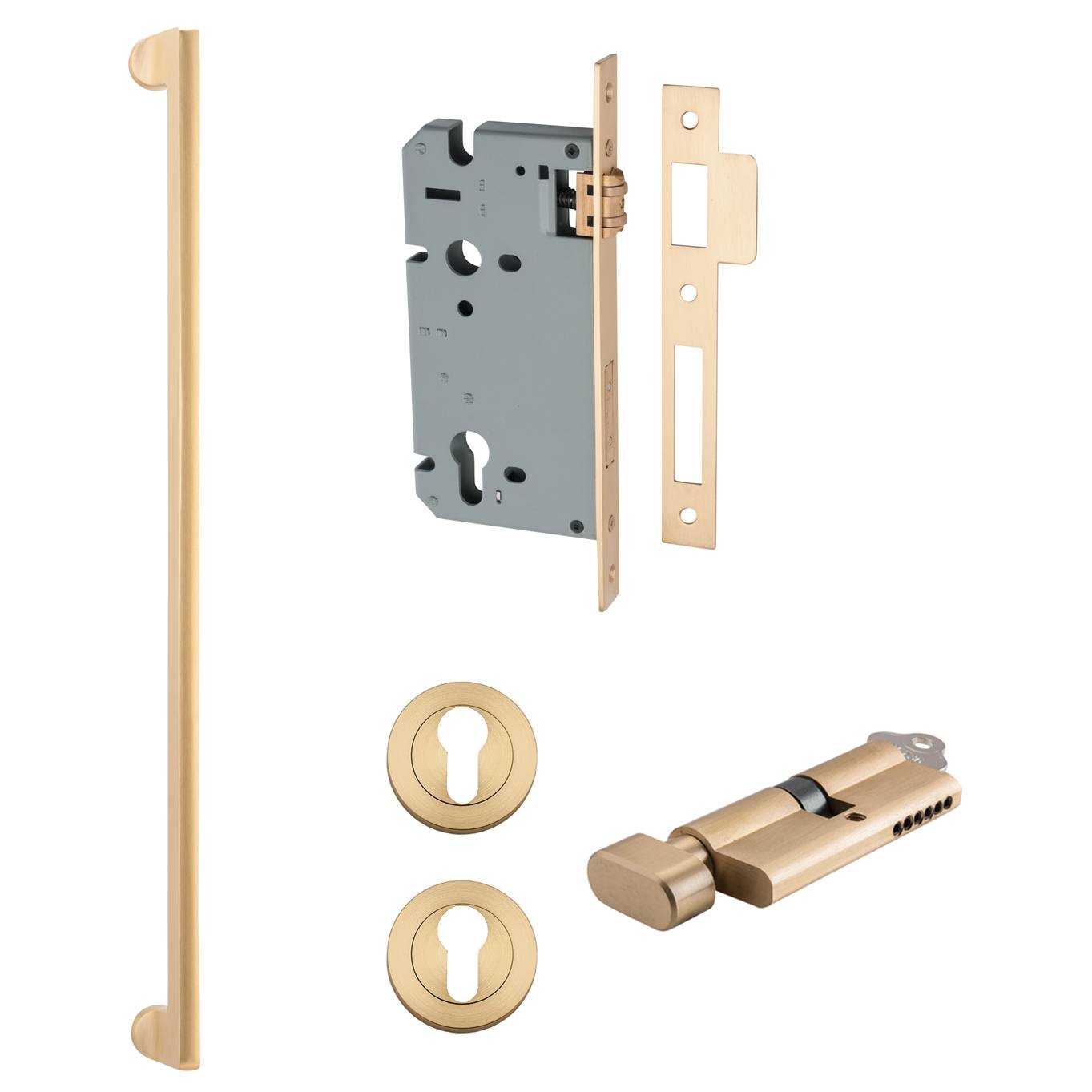 Baltimore Pull Handle 600mm Entrance Kit w Separate High Security Lock Brushed Brass