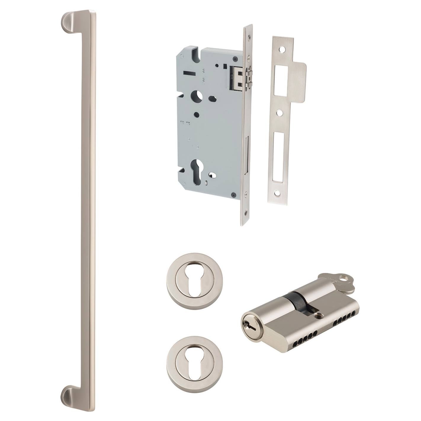 Baltimore Pull Handle 600mm Entrance Kit w Separate High Security Lock Satin Nickel