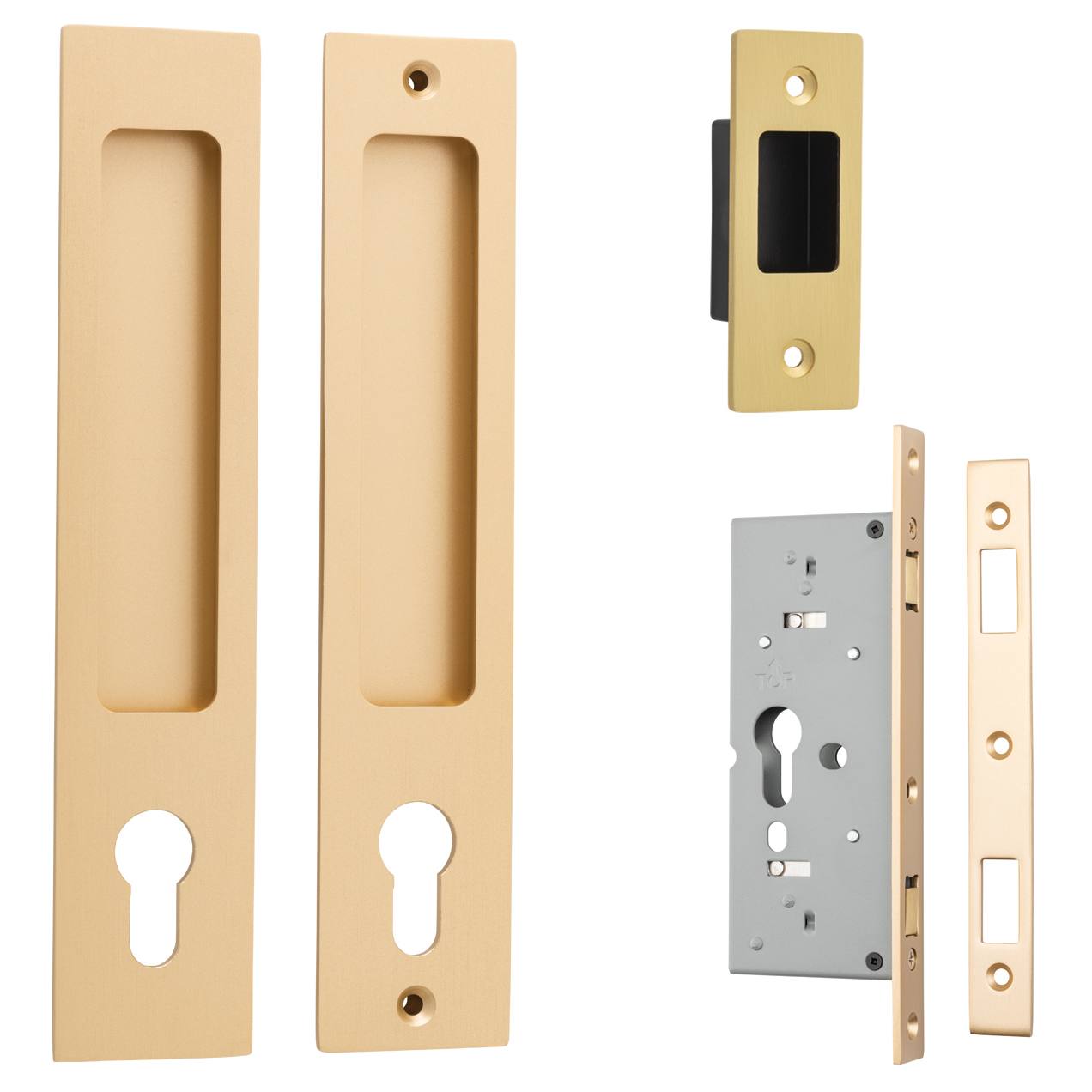 Rectangular Sliding Door Pull Entrance Kit w High Security Lock Brushed Brass