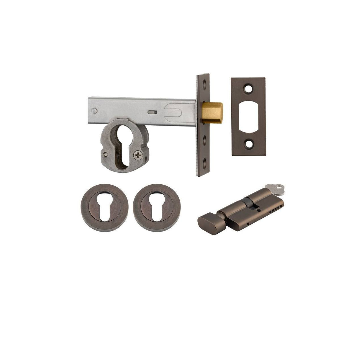 Euro Mortice Deadbolt Kit 60mm Backset with Round Euro Escutcheon Key/Thumb, Signature Brass
