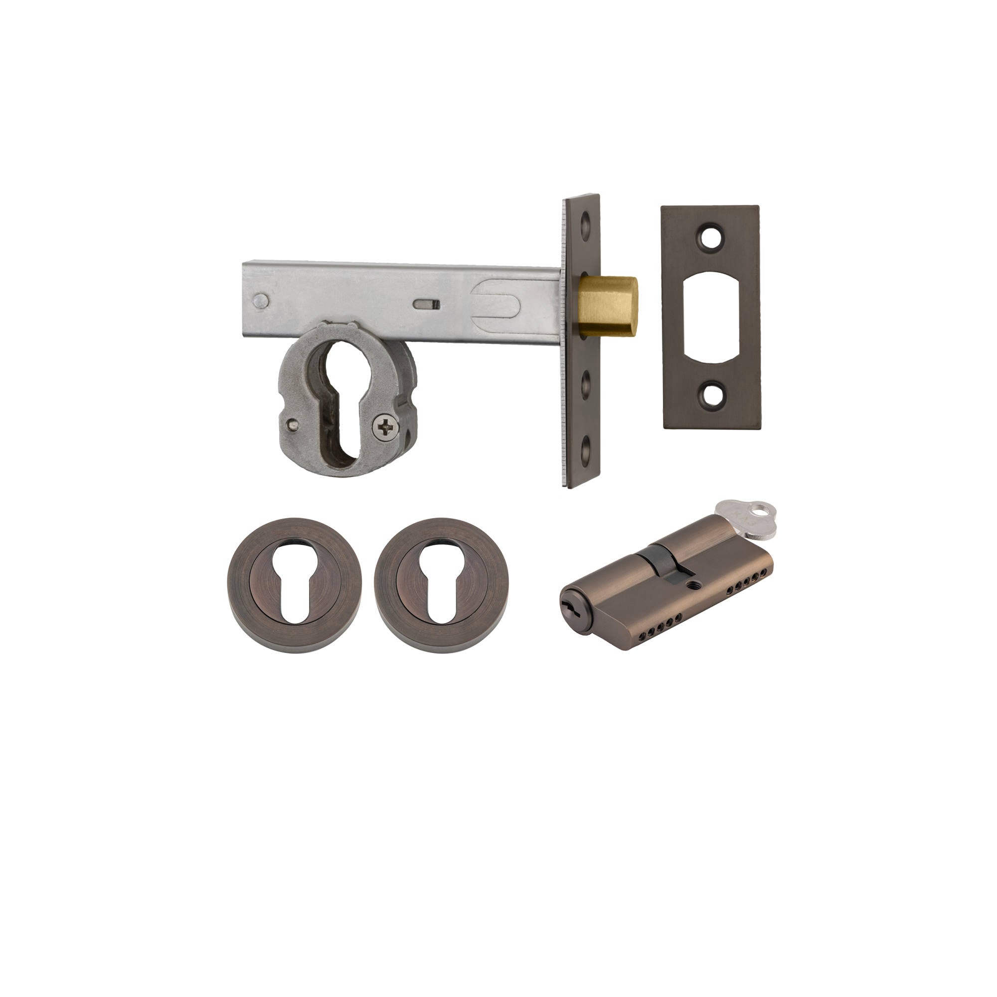 Euro Mortice Deadbolt Kit 70mm Backset w Round Euro Escutcheon Key/Key, Signature Brass
