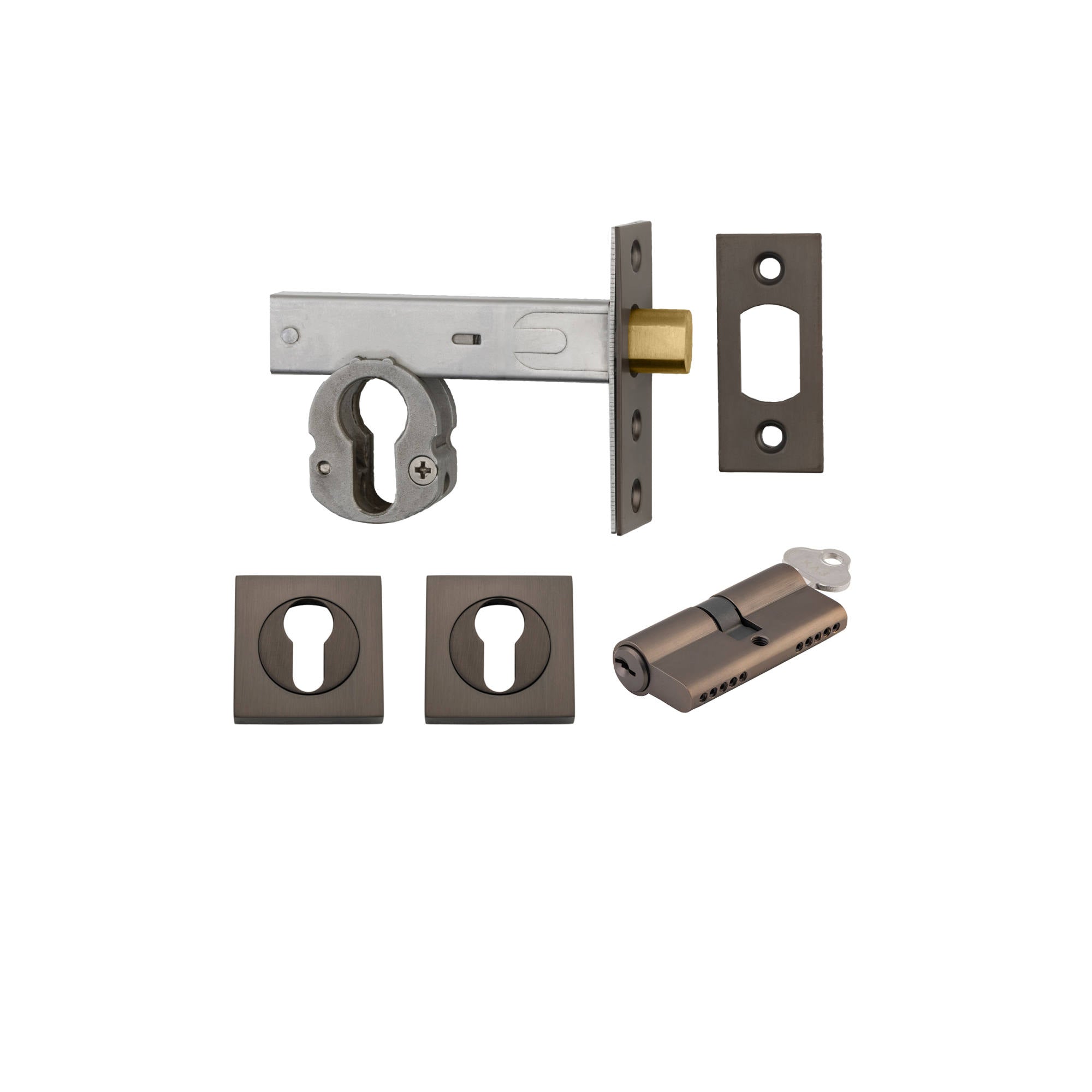 Euro Mortice Deadbolt Kit 70mm Backset w Square Euro Escutcheon Key/Key, Signature Brass