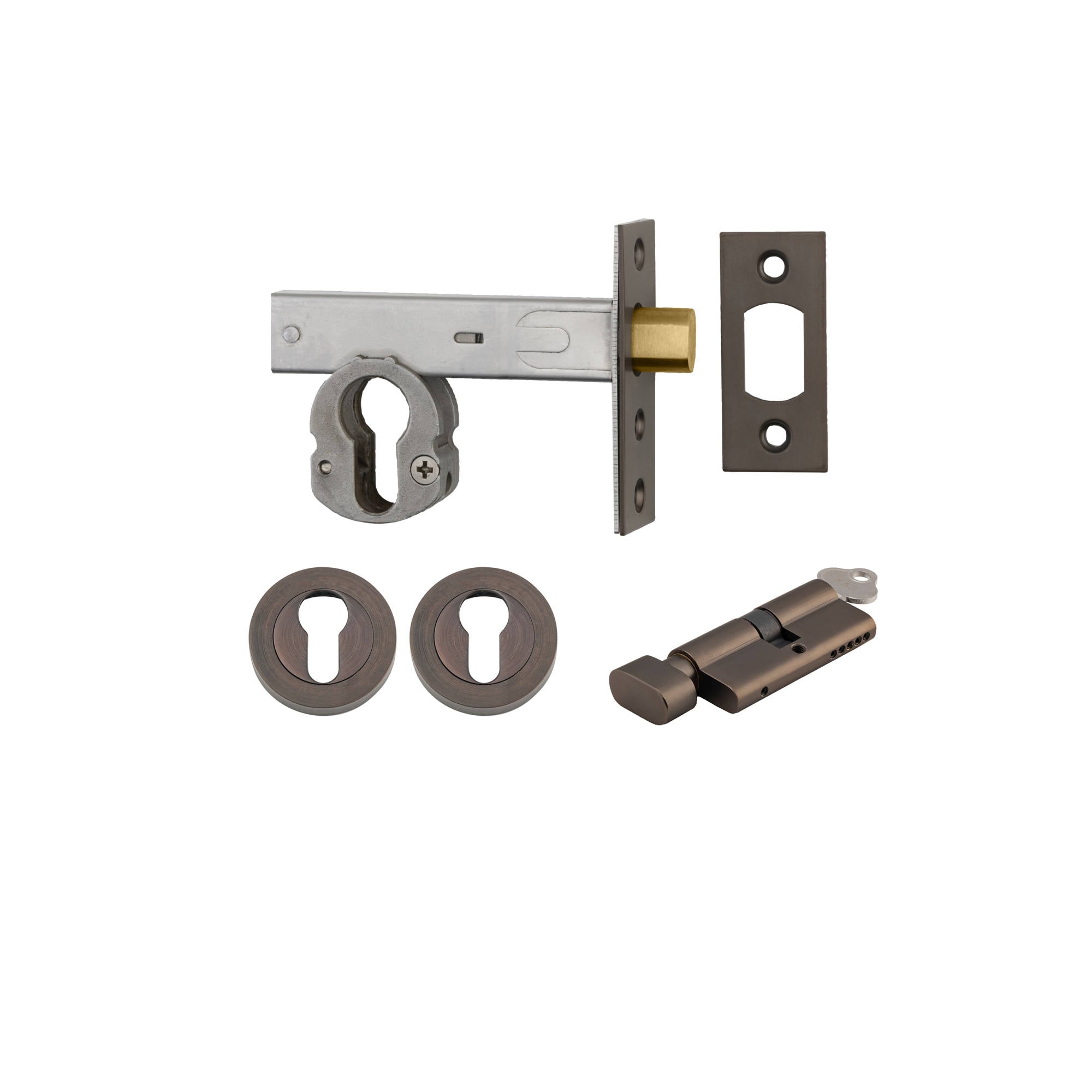 Euro Mortice Deadbolt Kit 70mm Backset w Round Euro Escutcheon Key/Thumb, Signature Brass