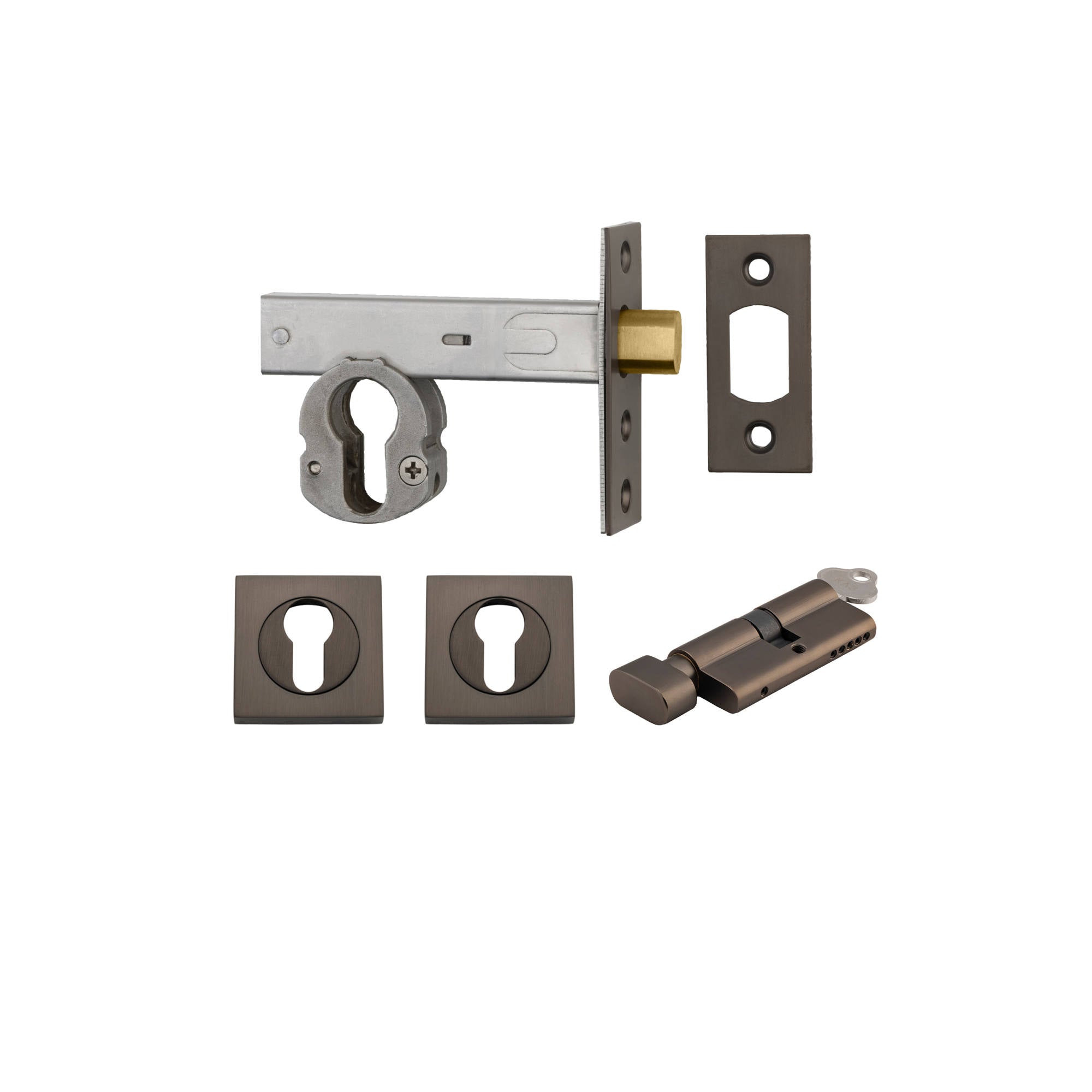 Euro Mortice Deadbolt Kit 70mm Backset w Square Euro Escutcheon Key/Thumb, Signature Brass