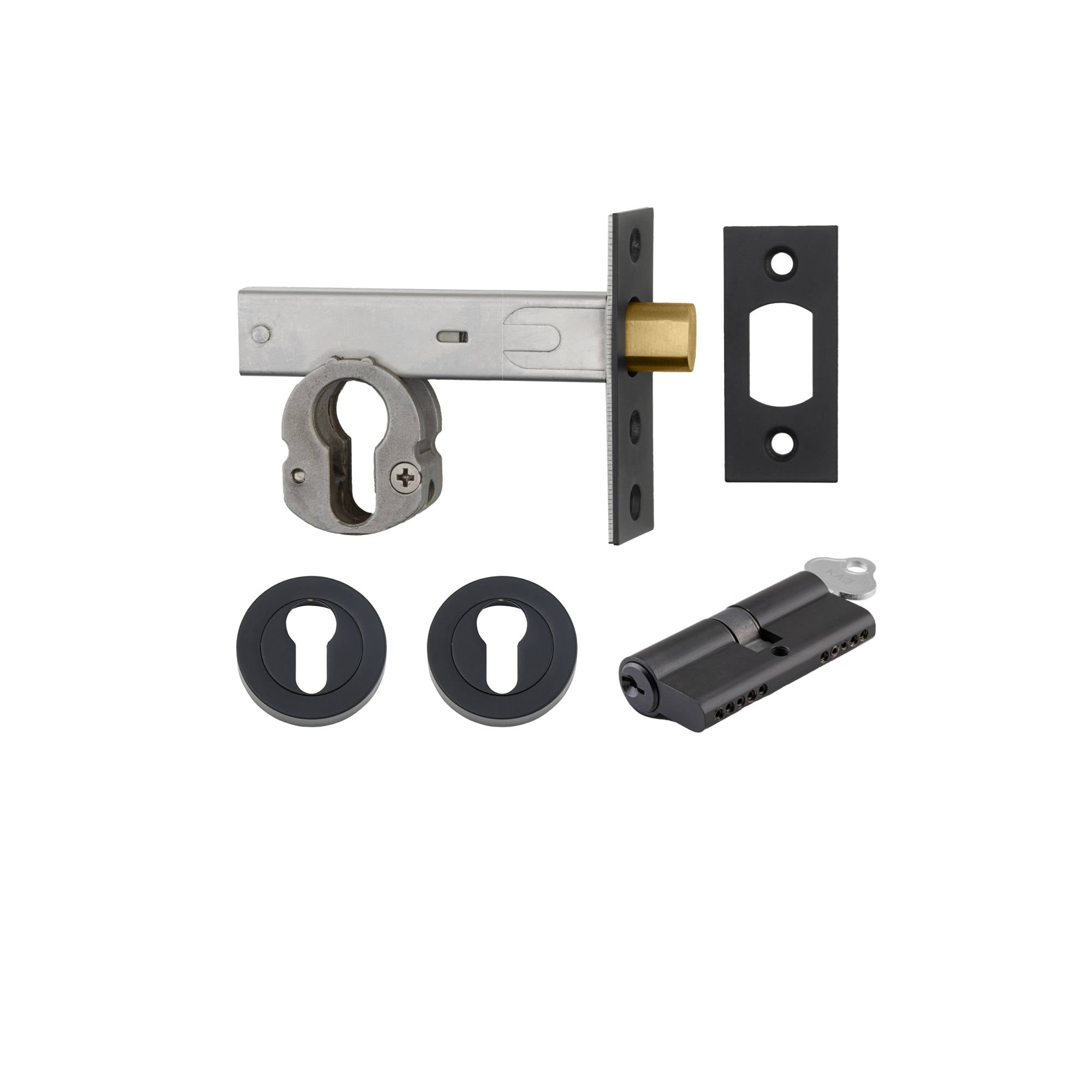 Euro Mortice Deadbolt Kit 70mm Backset w Round Euro Escutcheon Key/Key, Matte Black