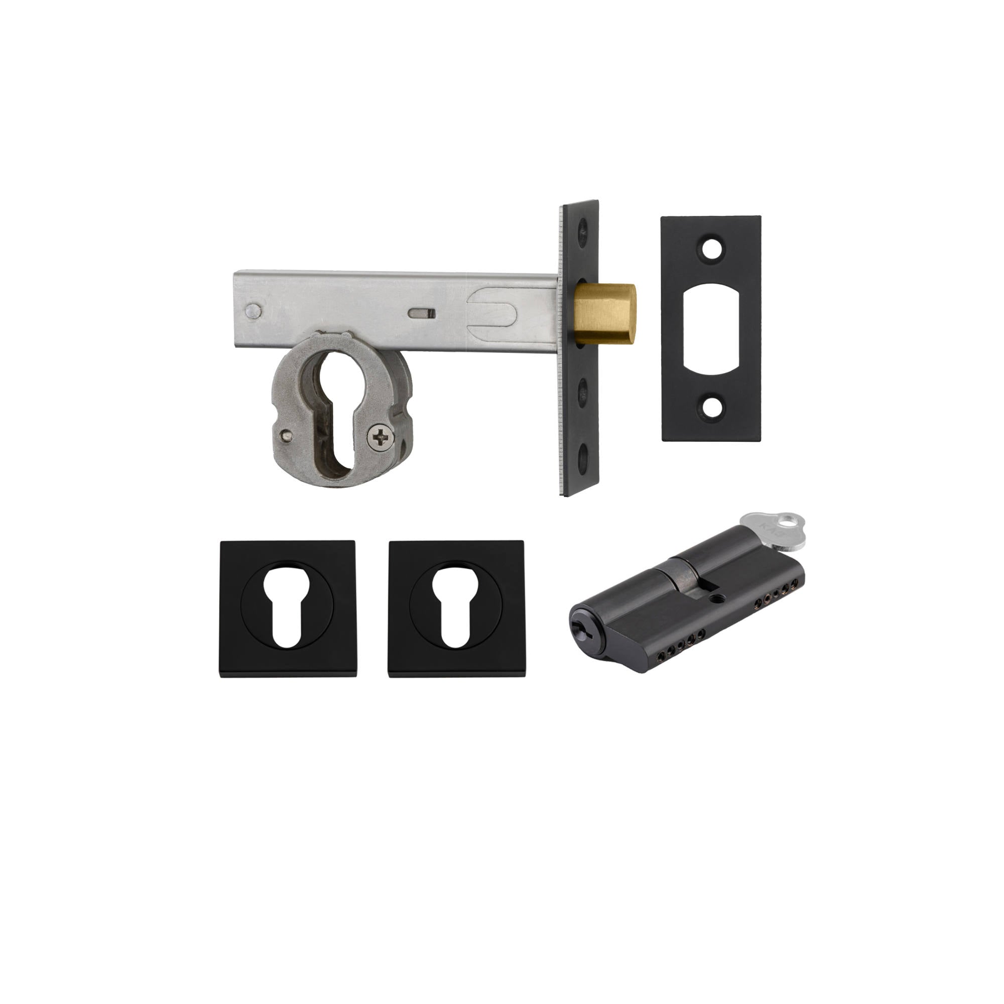 Euro Mortice Deadbolt Kit 70mm Backset w Square Euro Escutcheon Key/Key, Matte Black