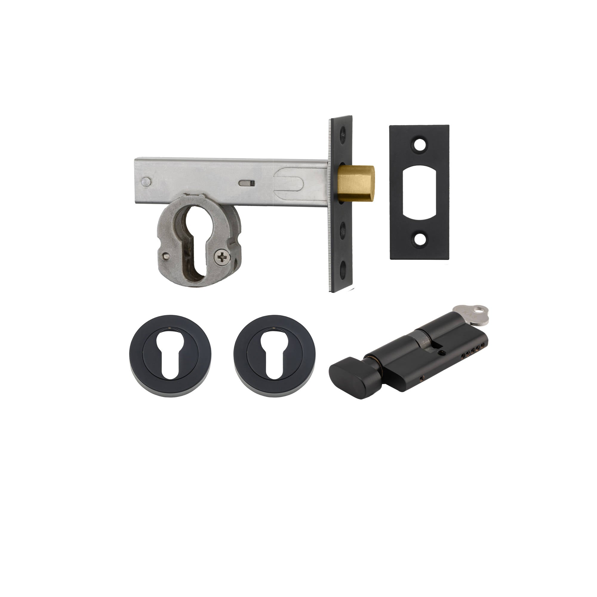 Euro Mortice Deadbolt Kit 70mm Backset w Round Euro Escutcheon Key/Thumb, Matte Black