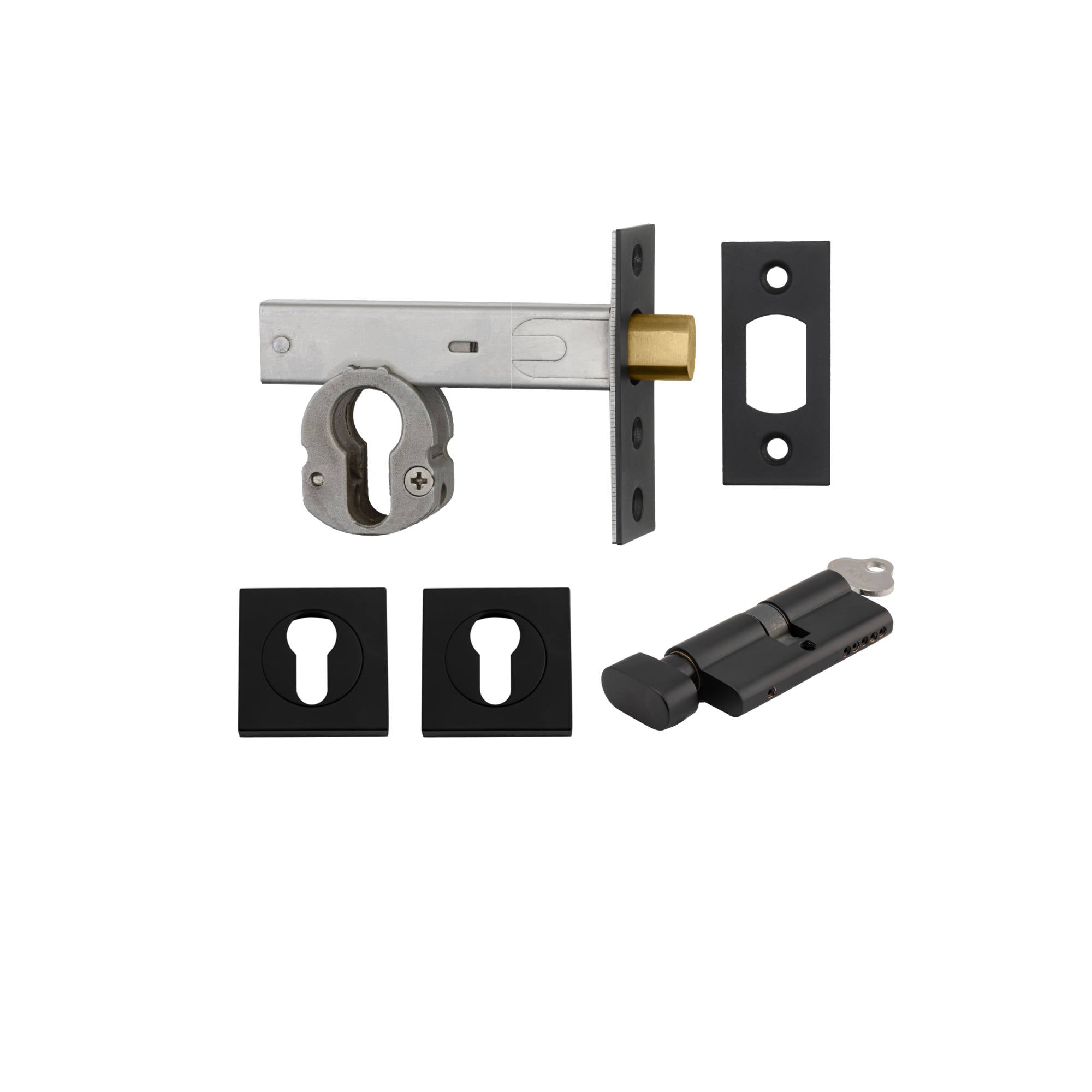 Euro Mortice Deadbolt Kit 70mm Backset w Square Euro Escutcheon Key/Thumb, Matte Black