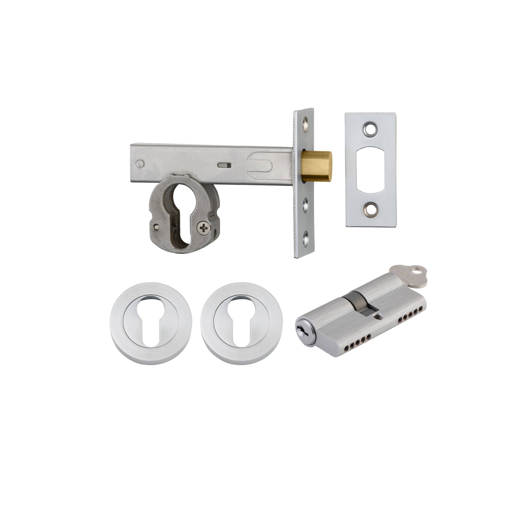 Euro Mortice Deadbolt Kit 70mm Backset w Round Euro Escutcheon Key/Key, Brushed Chrome