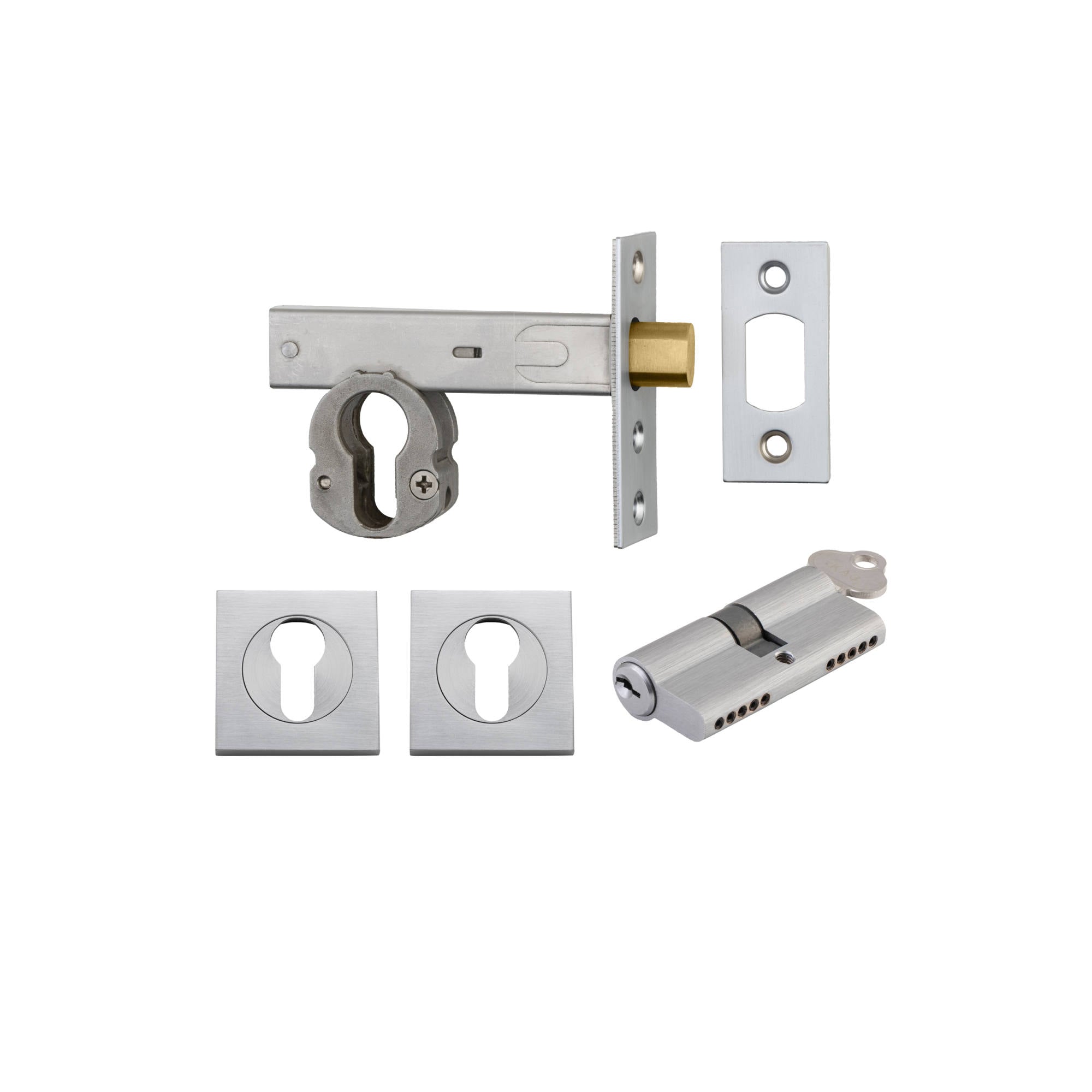 Euro Mortice Deadbolt Kit 70mm Backset w Square Euro Escutcheon Key/Key, Brushed Chrome