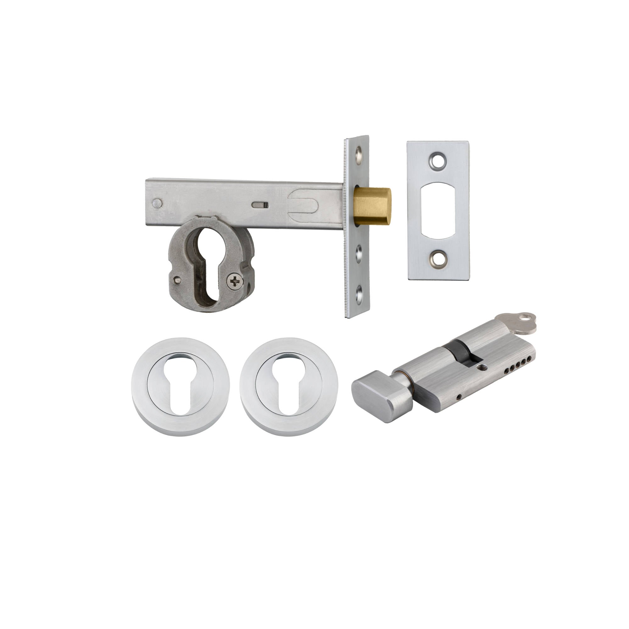 Euro Mortice Deadbolt Kit 70mm Backset w Round Euro Escutcheon Key/Thumb, Brushed Chrome