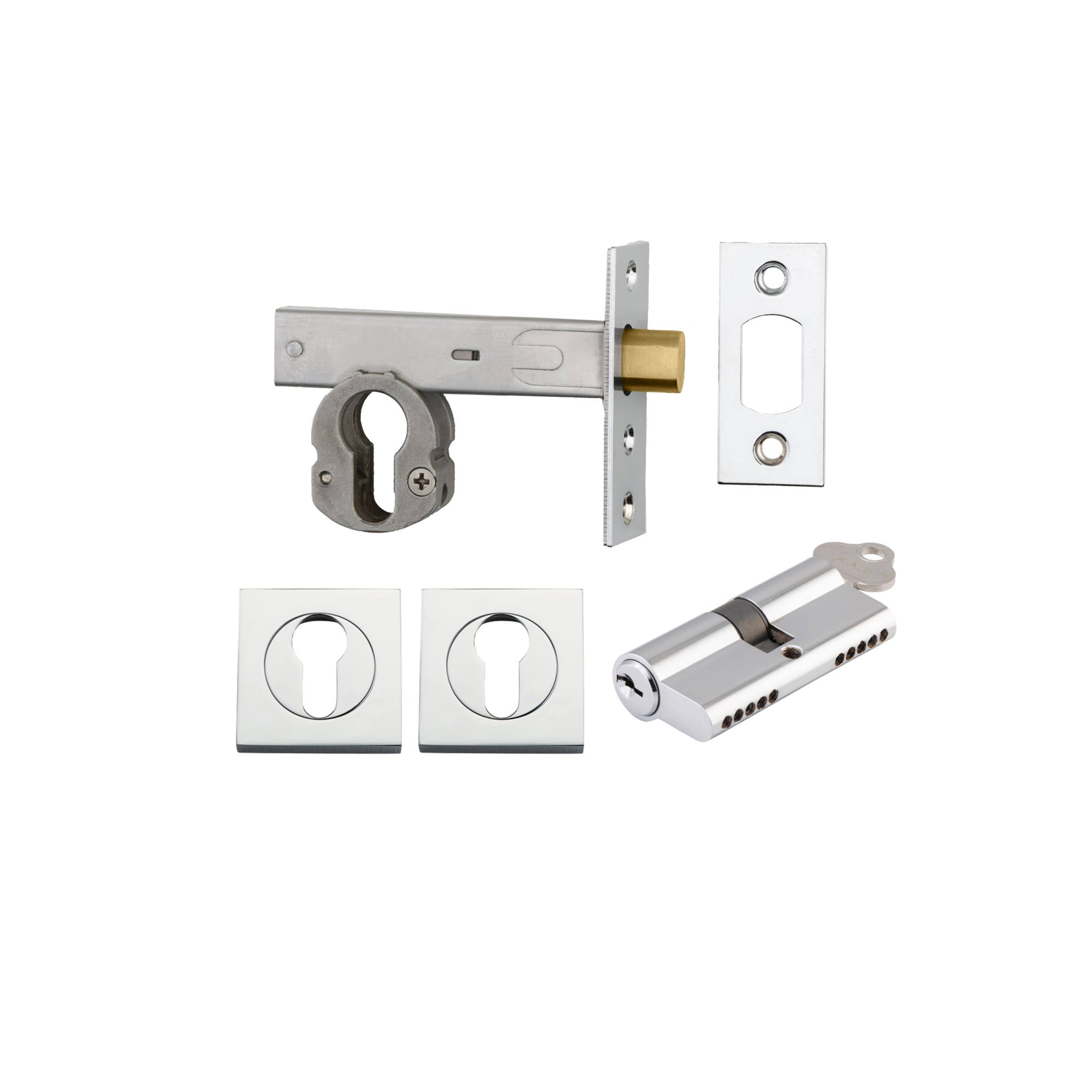 Euro Mortice Deadbolt Kit 70mm Backset w Square Euro Escutcheon Key/Key, Polished Chrome
