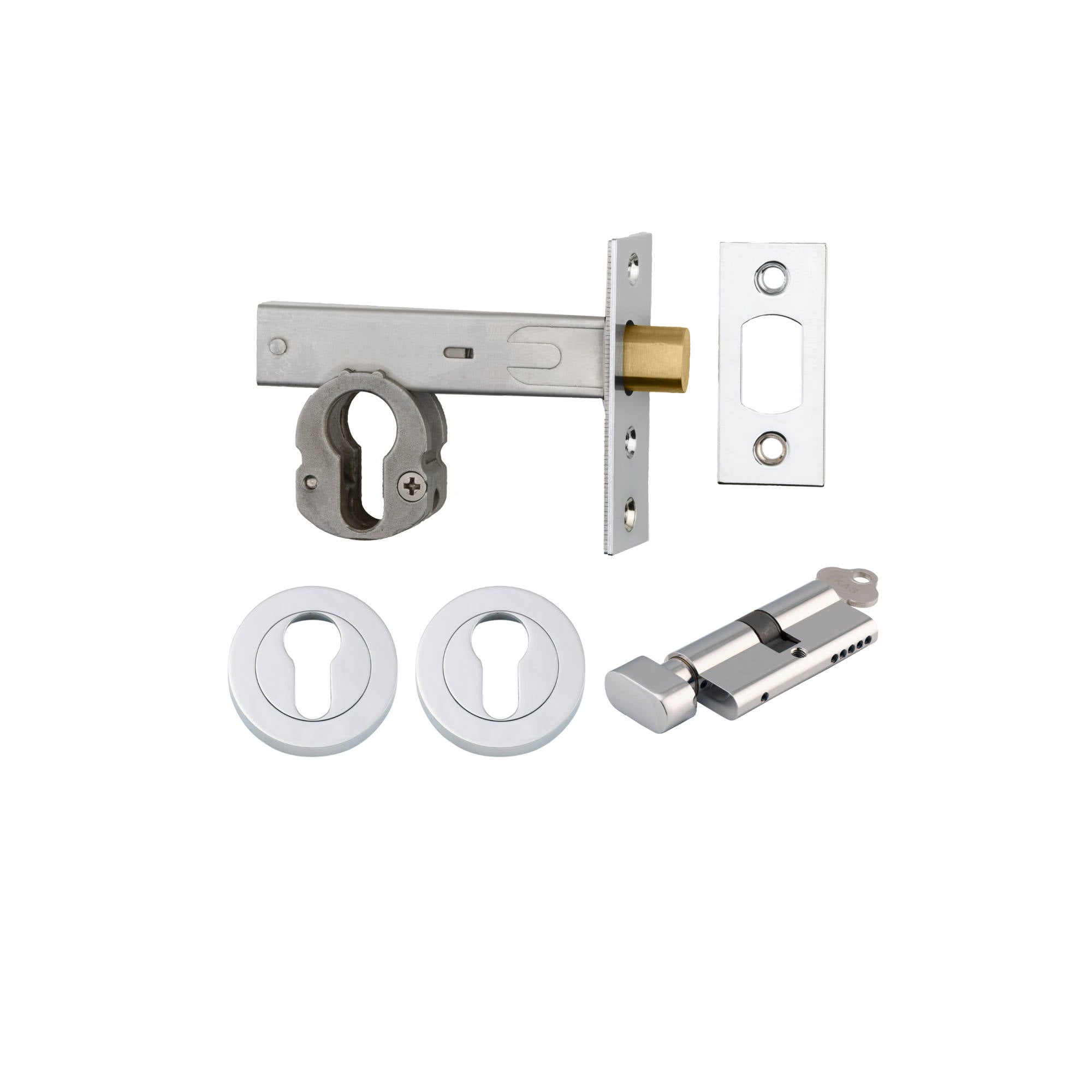 Euro Mortice Deadbolt Kit 70mm Backset w Round Euro Escutcheon Key/Thumb, Polished Chrome
