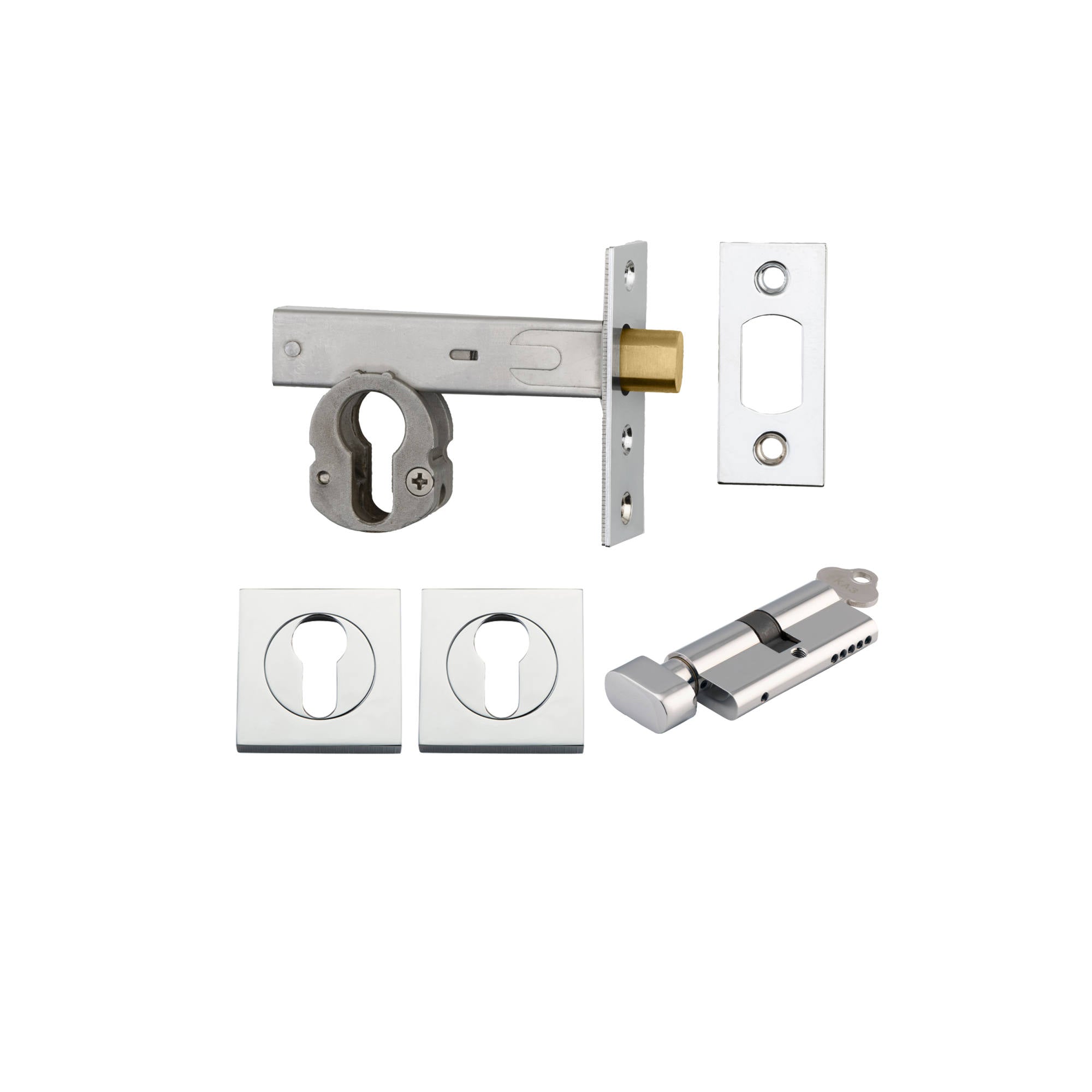 Euro Mortice Deadbolt Kit 70mm Backset w Square Euro Escutcheon Key/Thumb, Polished Chrome