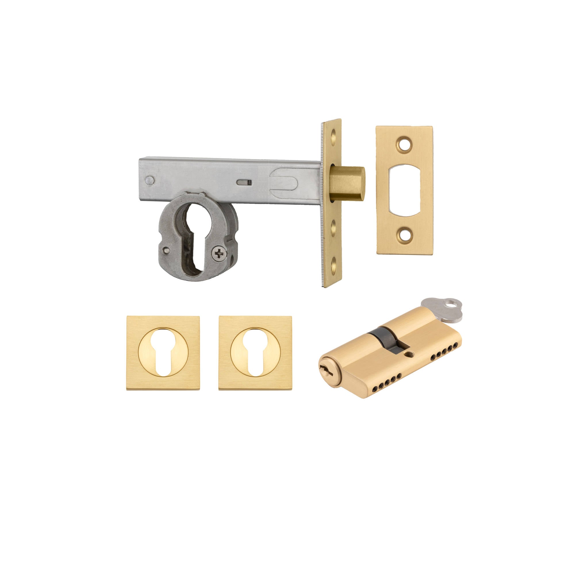 Euro Mortice Deadbolt Kit 70mm Backset w Square Euro Escutcheon Key/Key, Brushed Brass