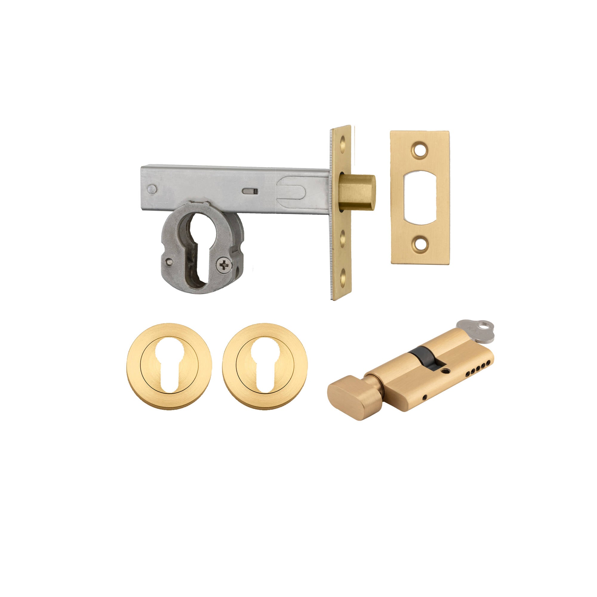Euro Mortice Deadbolt Kit 70mm Backset w Round Euro Escutcheon Key/Thumb, Brushed Brass