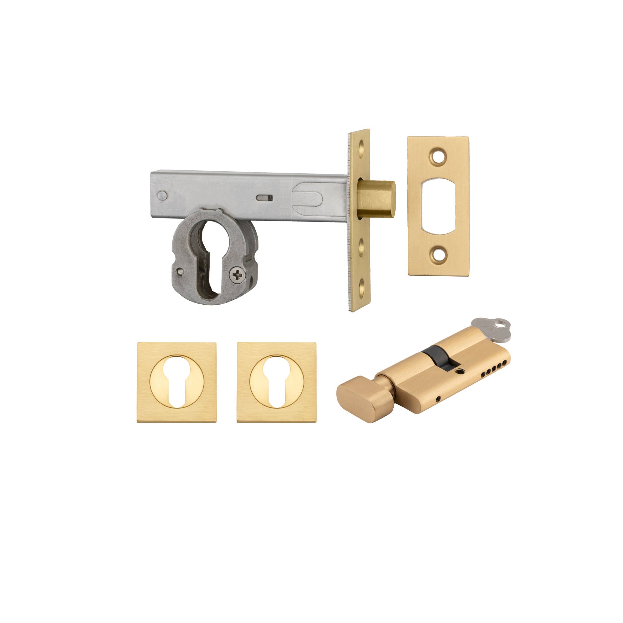 Euro Mortice Deadbolt Kit 70mm Backset w Square Euro Escutcheon Key/Thumb, Brushed Brass