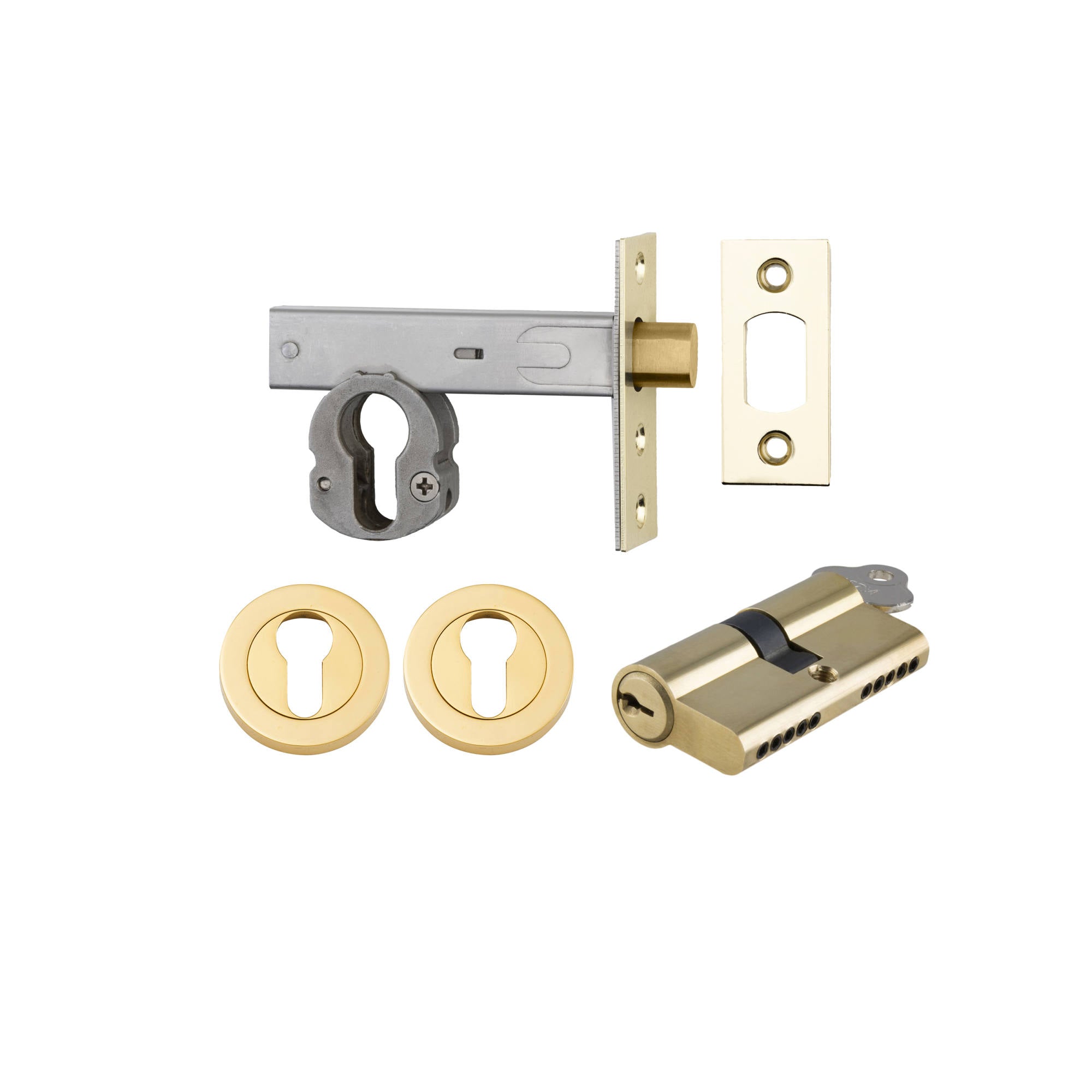 Euro Mortice Deadbolt Kit 70mm Backset w Round Euro Escutcheon Key/Key, Polished Brass