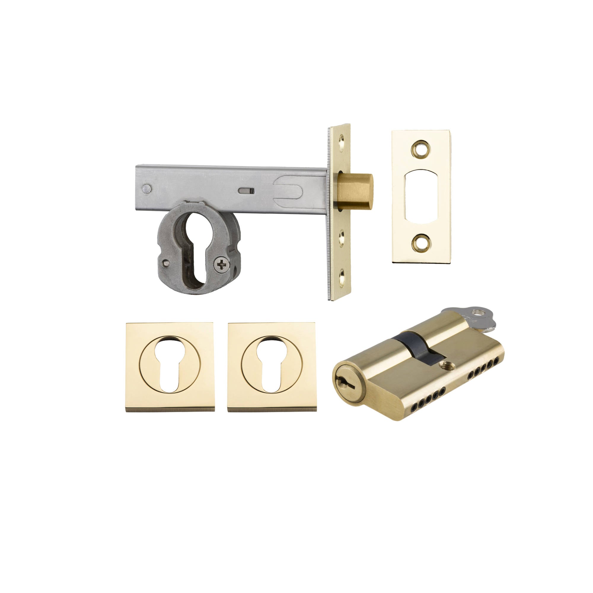 Euro Mortice Deadbolt Kit 70mm Backset w Square Euro Escutcheon Key/Key, Polished Brass