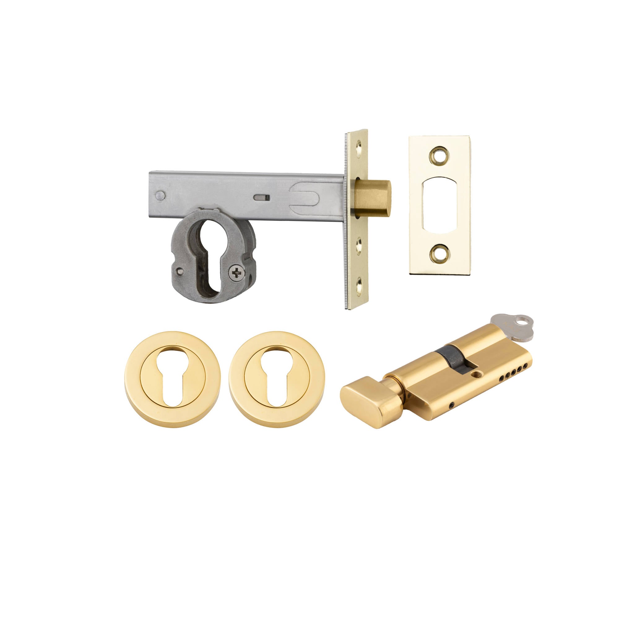 Euro Mortice Deadbolt Kit 70mm Backset w Round Euro Escutcheon Key/Thumb, Polished Brass