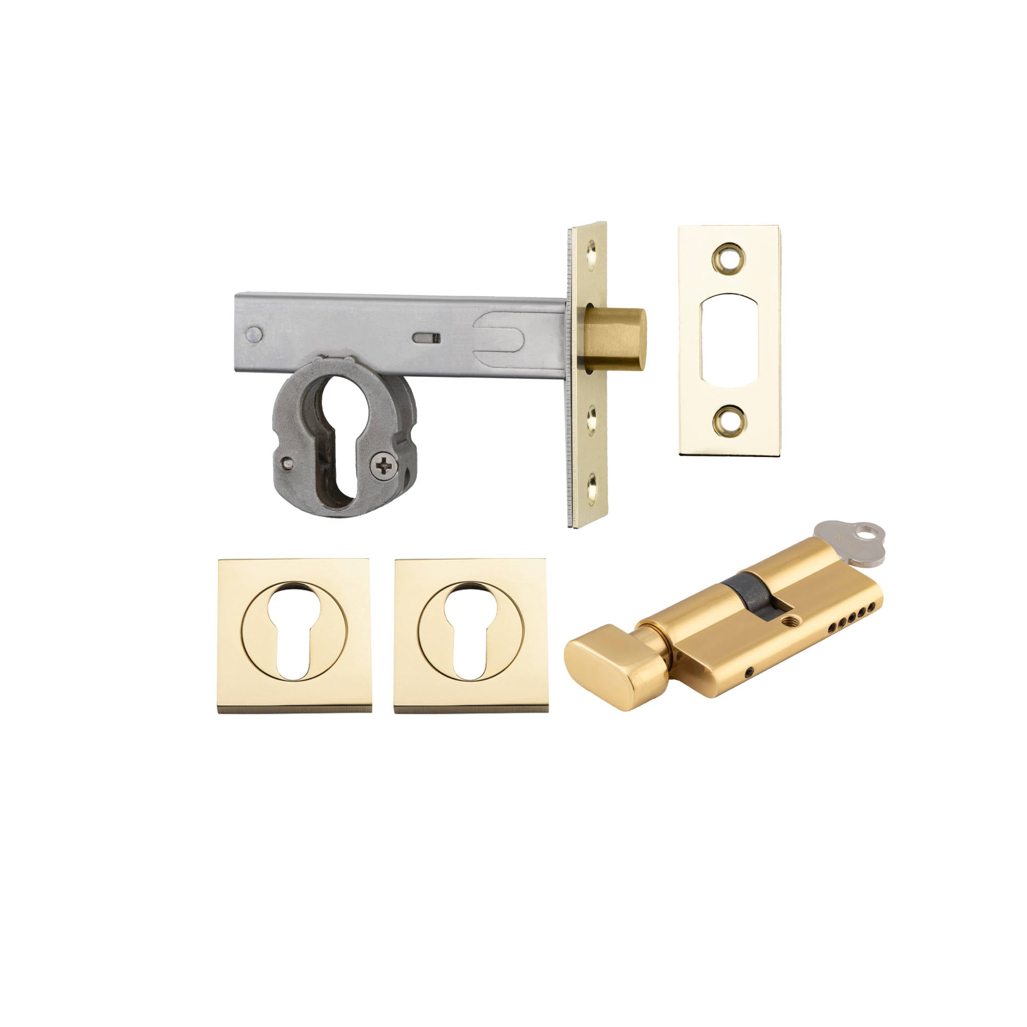 Euro Mortice Deadbolt Kit 70mm Backset w Square Euro Escutcheon Key/Thumb, Polished Brass