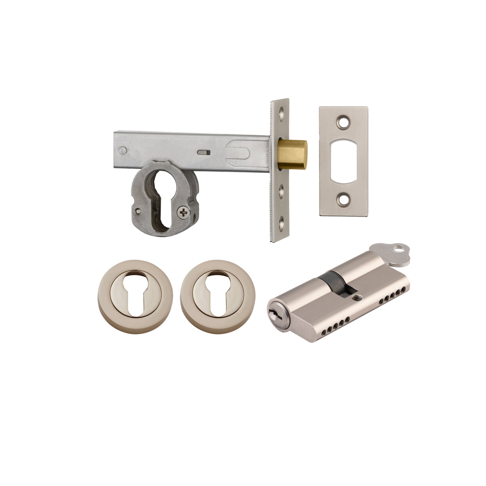 Euro Mortice Deadbolt Kit 70mm Backset w Round Euro Escutcheon Key/Key, Satin Nickel