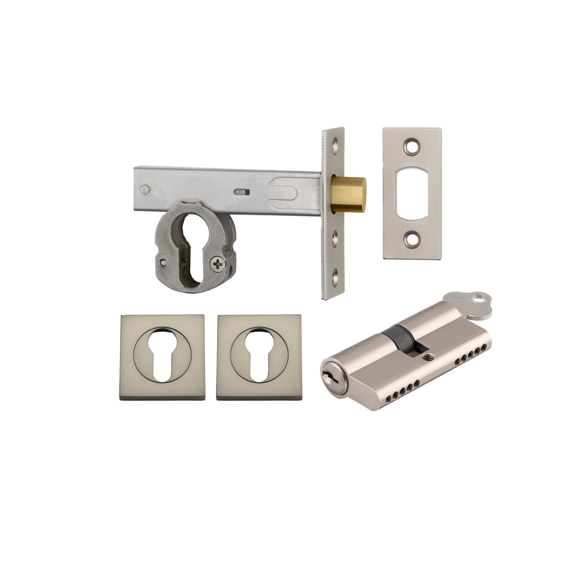 Euro Mortice Deadbolt Kit 70mm Backset w Square Euro Escutcheon Key/Key, Satin Nickel