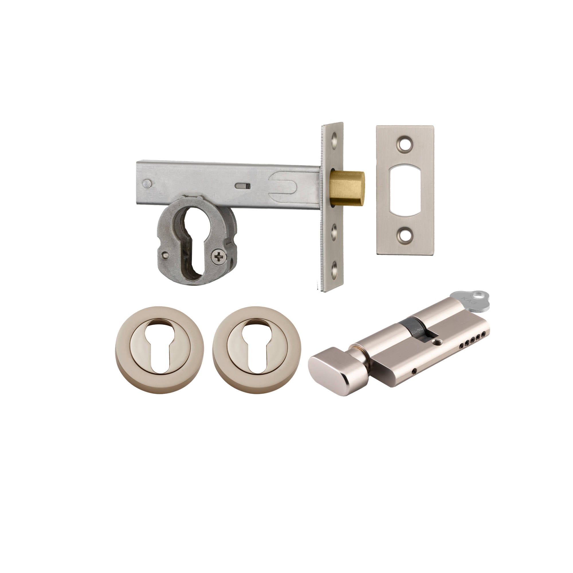 Euro Mortice Deadbolt Kit 70mm Backset w Round Euro Escutcheon Key/Thumb, Satin Nickel