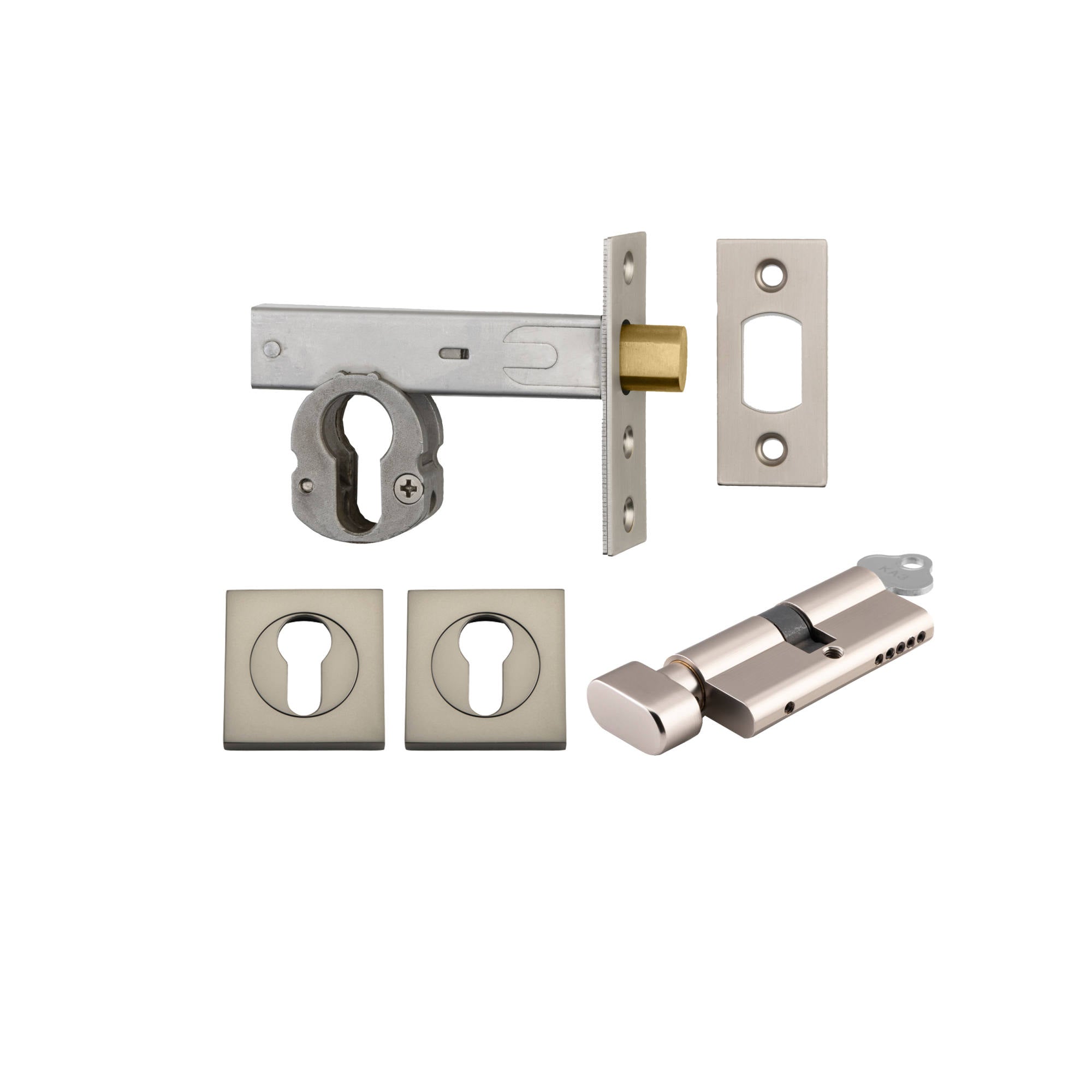 Euro Mortice Deadbolt Kit 70mm Backset w Square Euro Escutcheon Key/Thumb, Satin Nickel