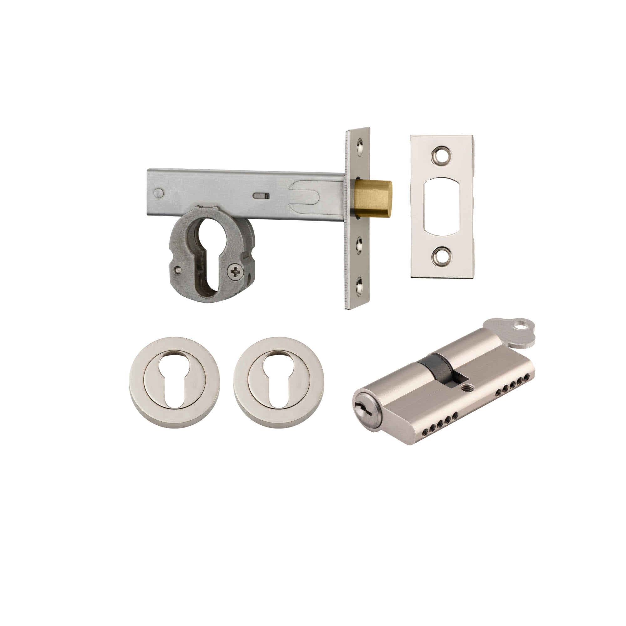 Euro Mortice Deadbolt Kit 70mm Backset w Round Euro Escutcheon Key/Key, Polished Nickel