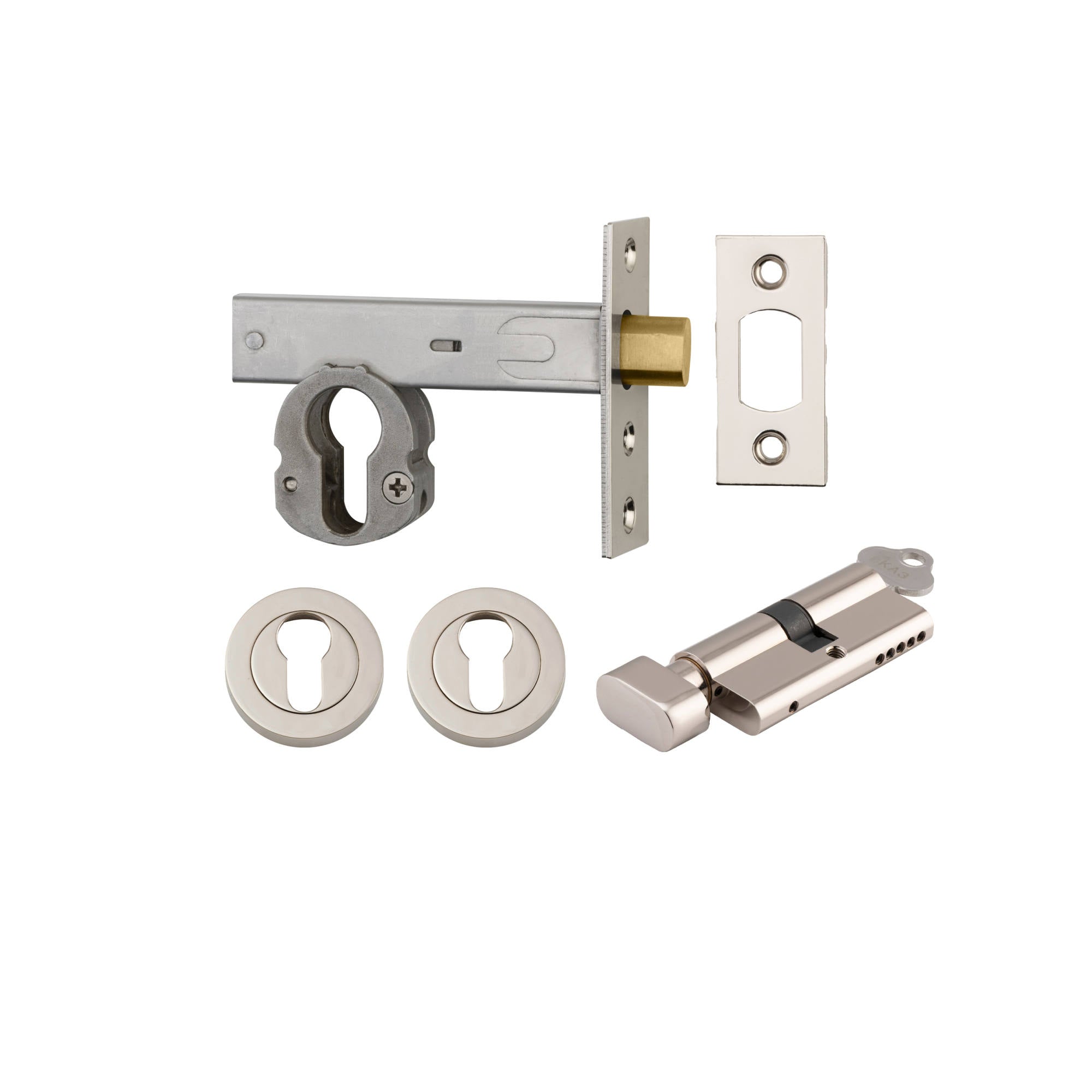Euro Mortice Deadbolt Kit 70mm Backset w Round Euro Escutcheon Key/Thumb, Polished Nickel