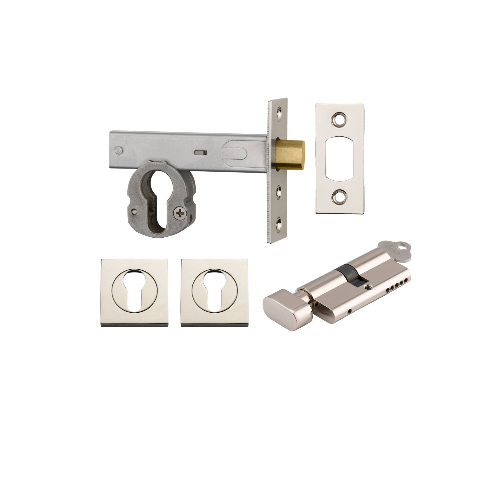 Euro Mortice Deadbolt Kit 70mm Backset w Square Euro Escutcheon Key/Thumb, Polished Nickel