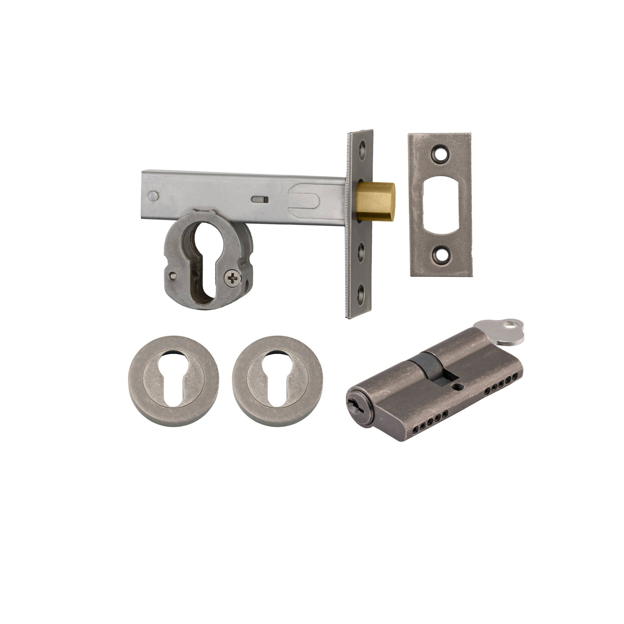Euro Mortice Deadbolt Kit 70mm Backset w Round Euro Escutcheon Key/Key, Distressed Nickel