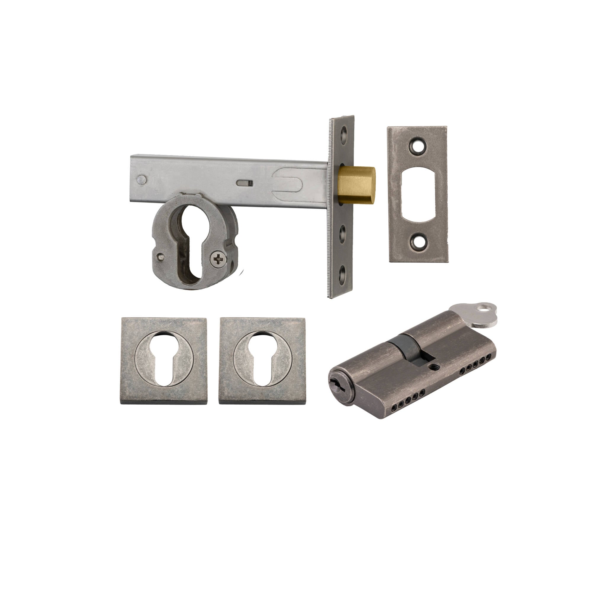 Euro Mortice Deadbolt Kit 70mm Backset w Square Euro Escutcheon Key/Key, Distressed Nickel