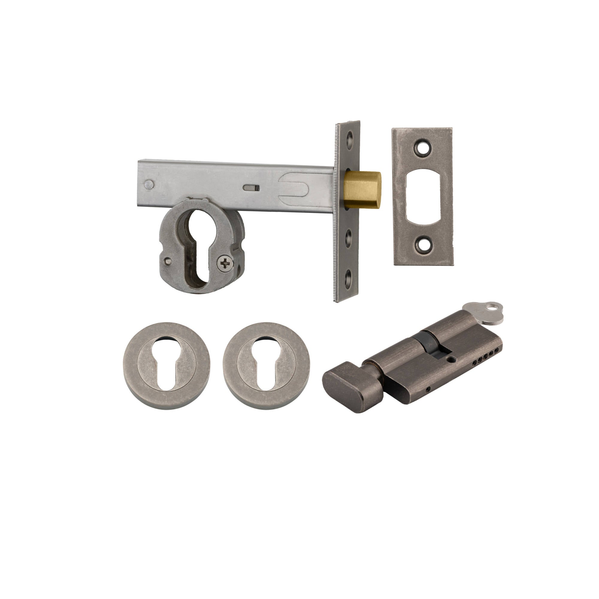 Euro Mortice Deadbolt Kit 70mm Backset w Round Euro Escutcheon Key/Thumb, Distressed Nickel