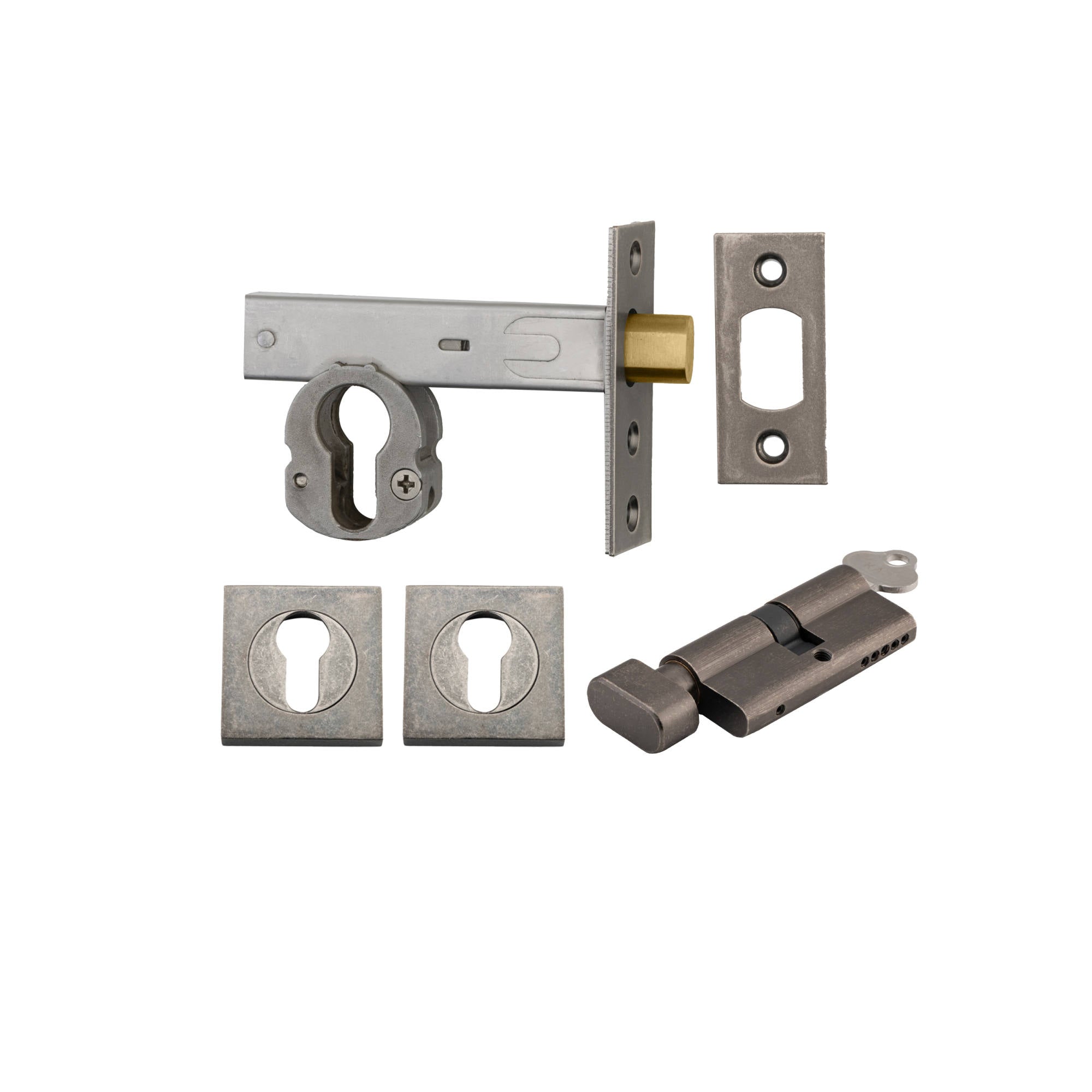Euro Mortice Deadbolt Kit 70mm Backset w Square Euro Escutcheon Key/Thumb, Distressed Nickel