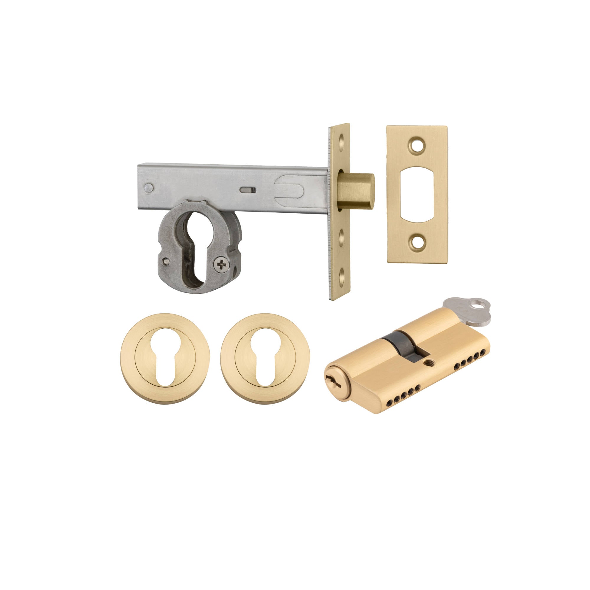 Euro Mortice Deadbolt Kit 70mm Backset w Round Euro Escutcheon Key/Key, Brushed Gold PVD