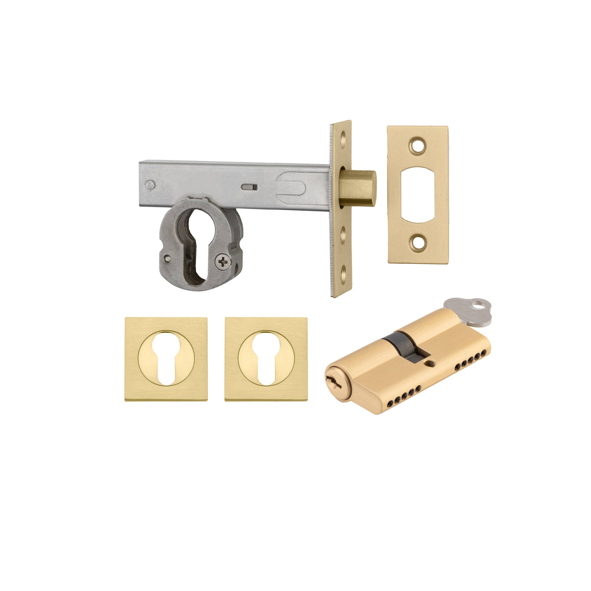 Euro Mortice Deadbolt Kit 70mm Backset w Square Euro Escutcheon Key/Key, Brushed Gold PVD