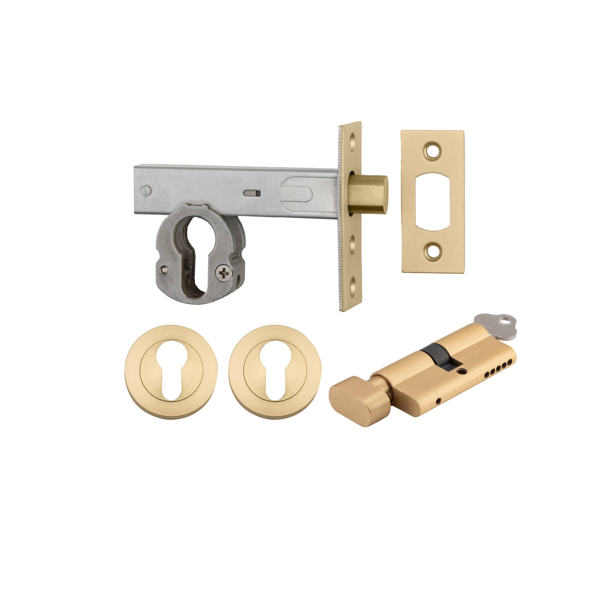 Euro Mortice Deadbolt Kit 70mm Backset w Round Euro Escutcheon Key/Thumb, Brushed Gold PVD