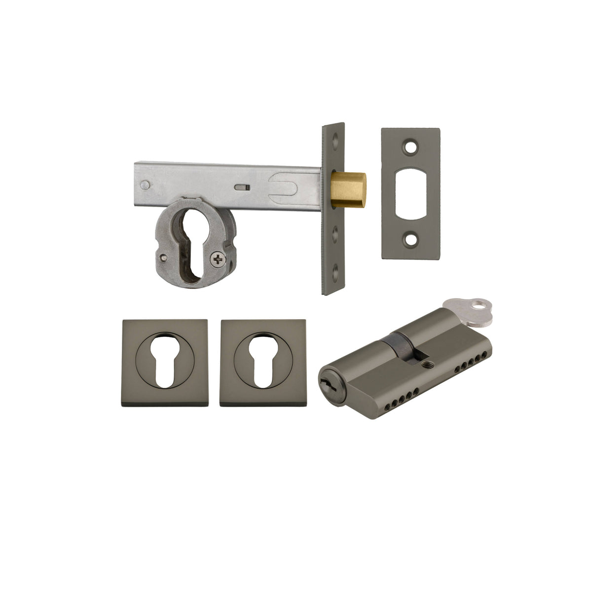 Euro Mortice Deadbolt Kit 70mm Backset w Square Euro Escutcheon Key/Key, Graphite PVD