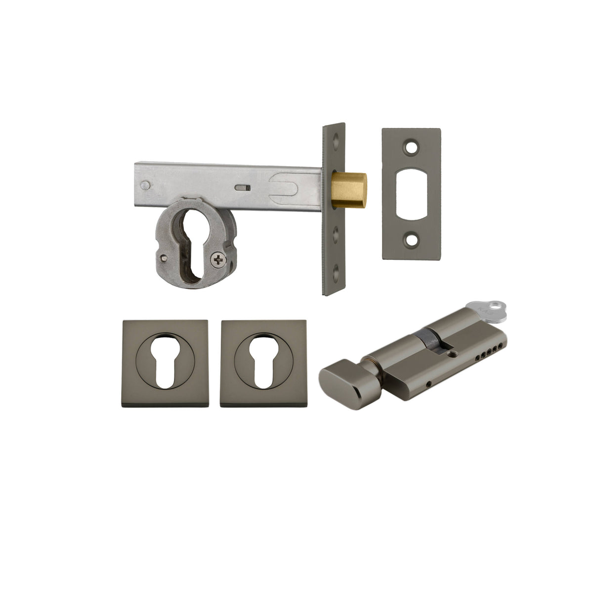 Euro Mortice Deadbolt Kit 70mm Backset w Square Euro Escutcheon Key/Thumb, Graphite PVD