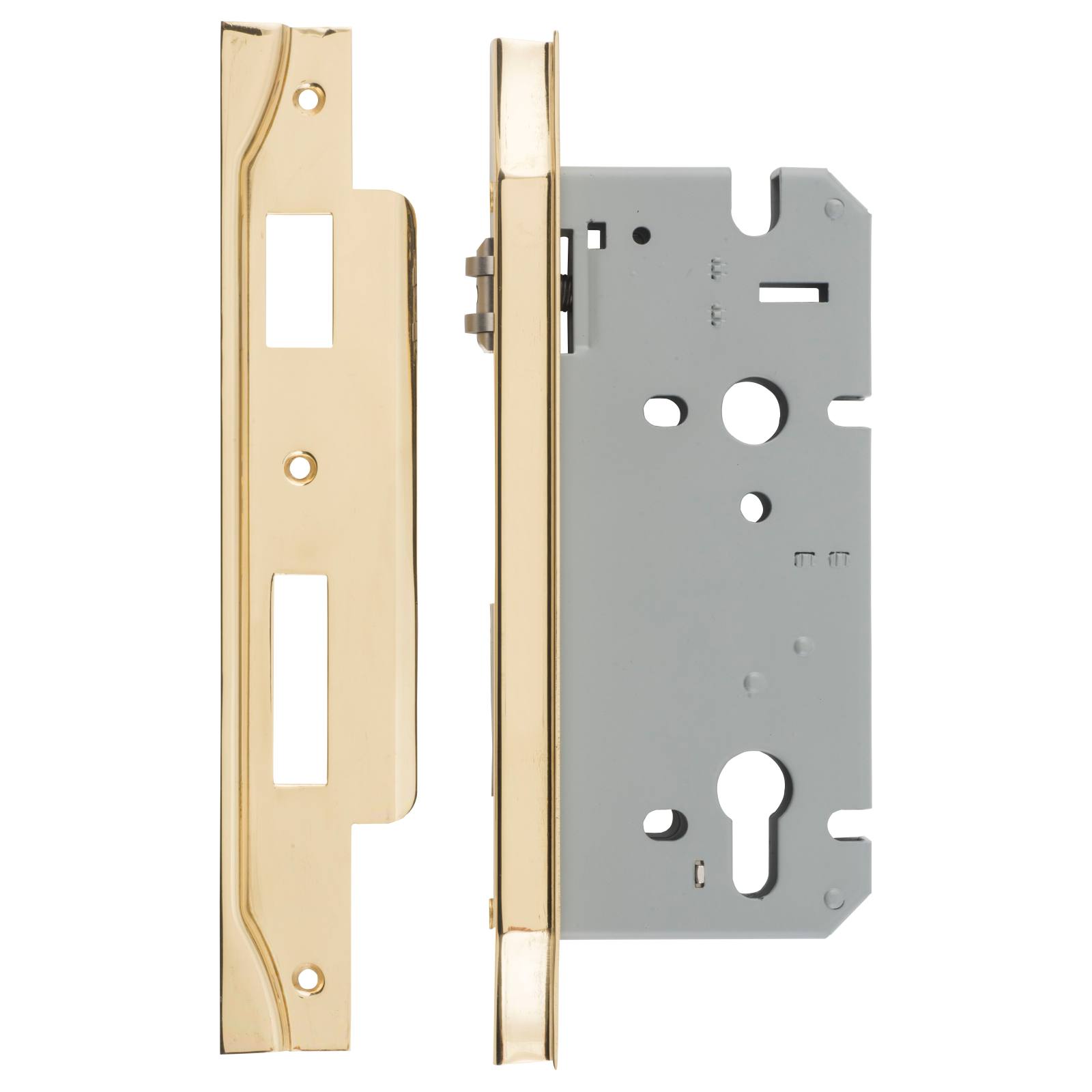 Rebated 85mm Roller Euro Mortice Locks 60mm Backset, Polished Brass