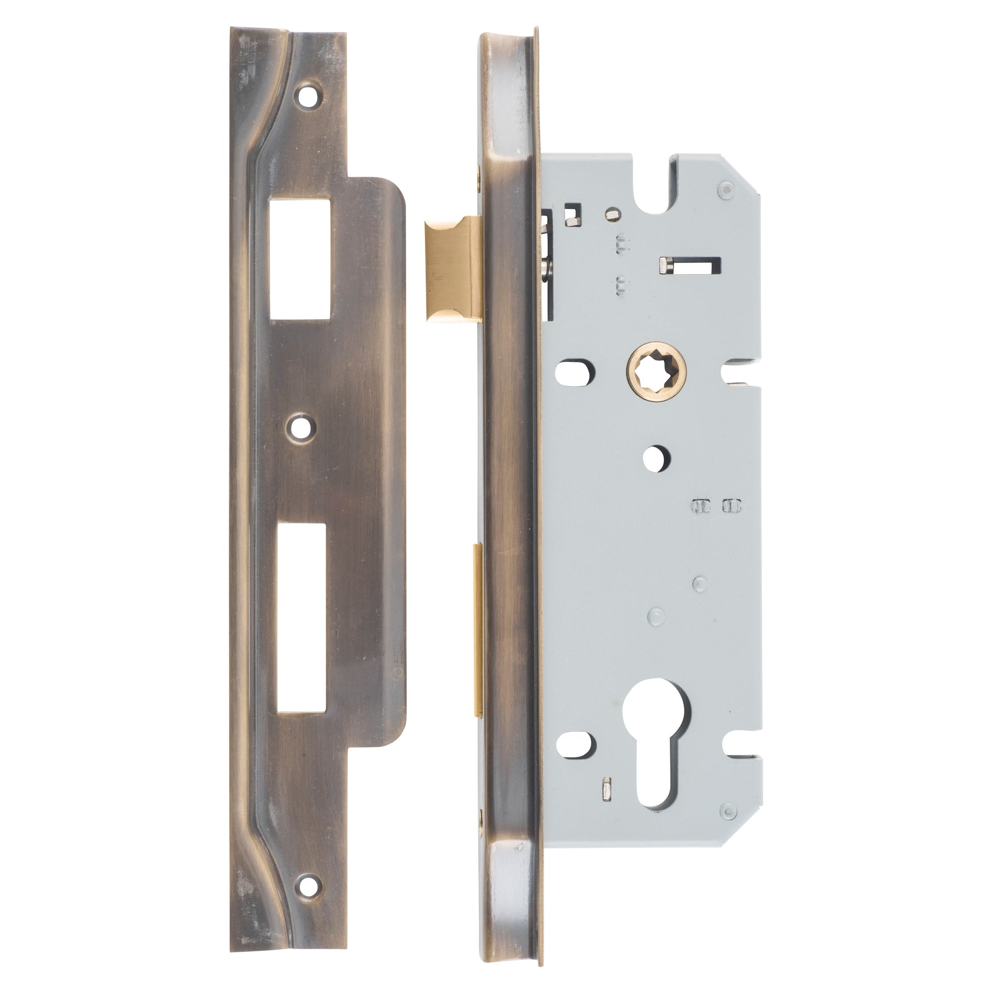 Mortice Lock Euro Rebated CTC85mm Backset 45mm Signature Brass, Antique Brass